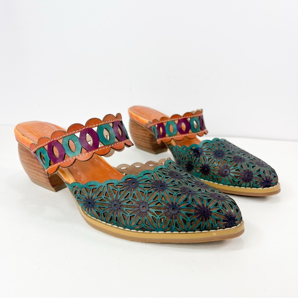 L’Artiste Rashida Heeled Mule Slide Floral Leather Blue Brown size 37 / 6.5-7